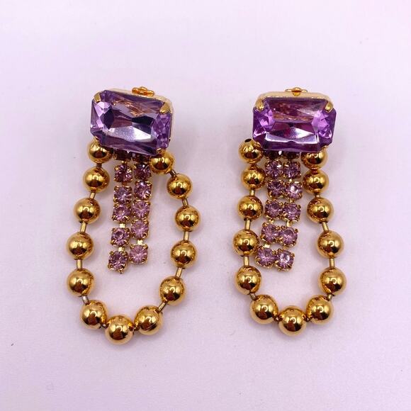 Vintage Party Clip On Earrings Gold Tone with Purple Glass Stone - Picture 5 of 6